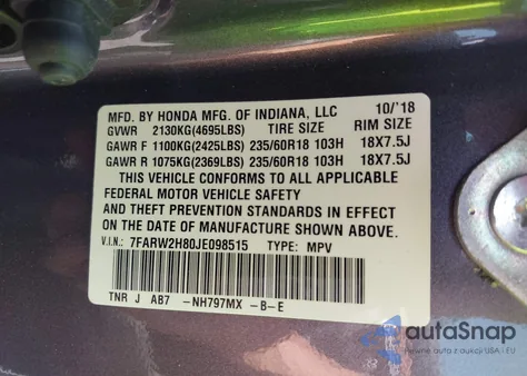 2018 Honda Cr-V Ex-L/Ex-L Navi из США, поврежденный, VIN 7FARW2H80JE098515
